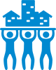 Y-USA blue illustration of three people holding community up over their heads