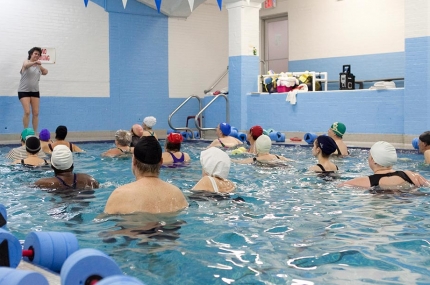 Water exercise class at the YMCA in Brooklyn indoor pool