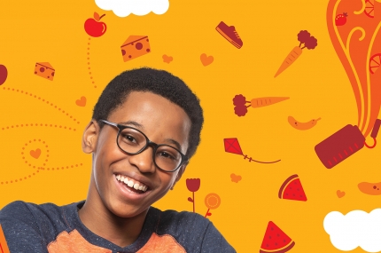 Y-USA Healthy Kids Day 2019 banner of happy boy with healthy food illustrations