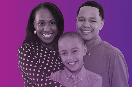 Mother and her two sons with purple overlay