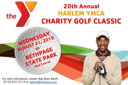 Red and orange YMCA logo and golf ball with Harlem YMCA Charity Golf Classic information