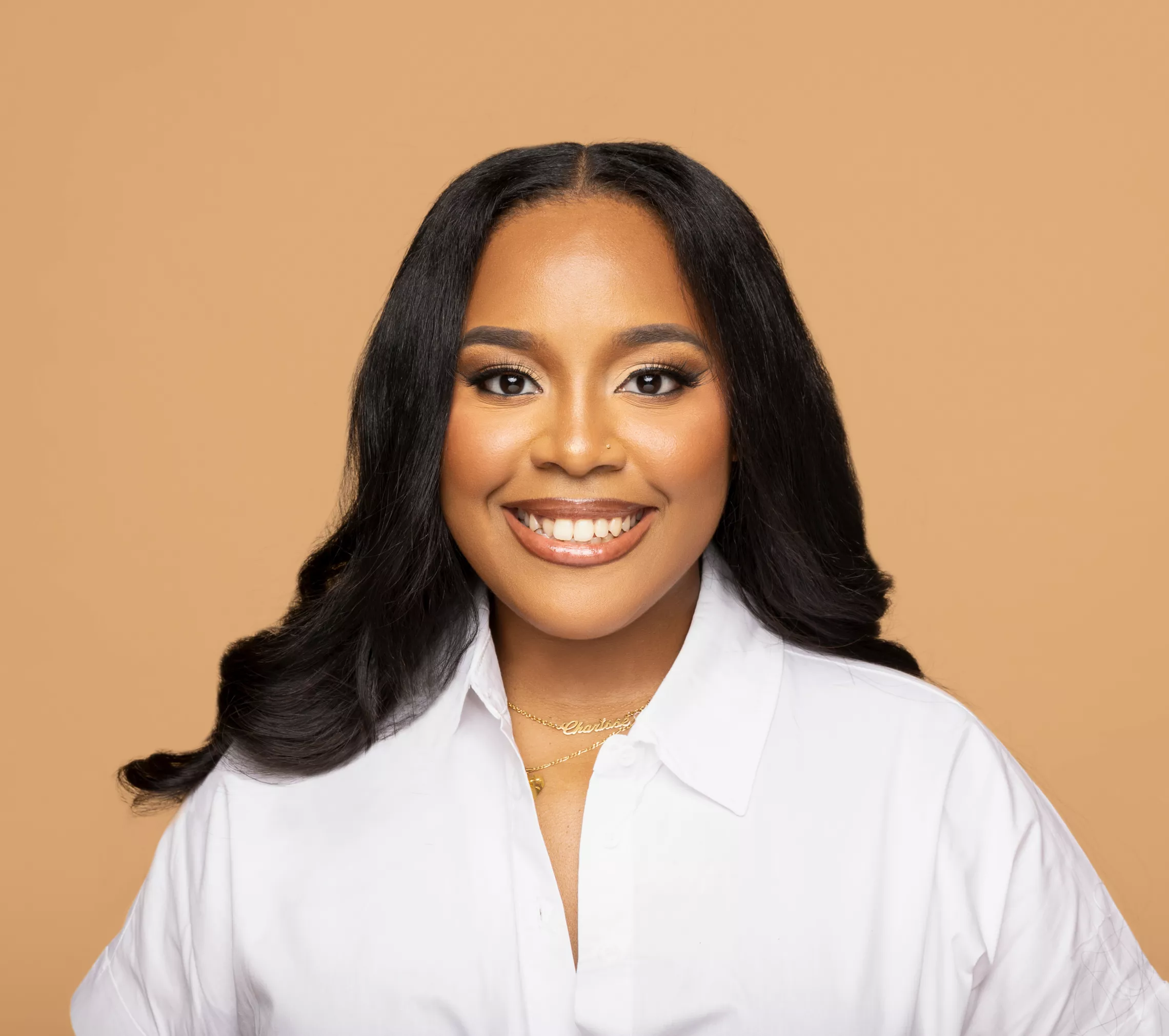 woman with smile and white shirt