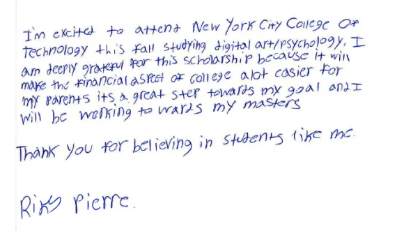 Riky Pierre's handwritten note from College Decision Day