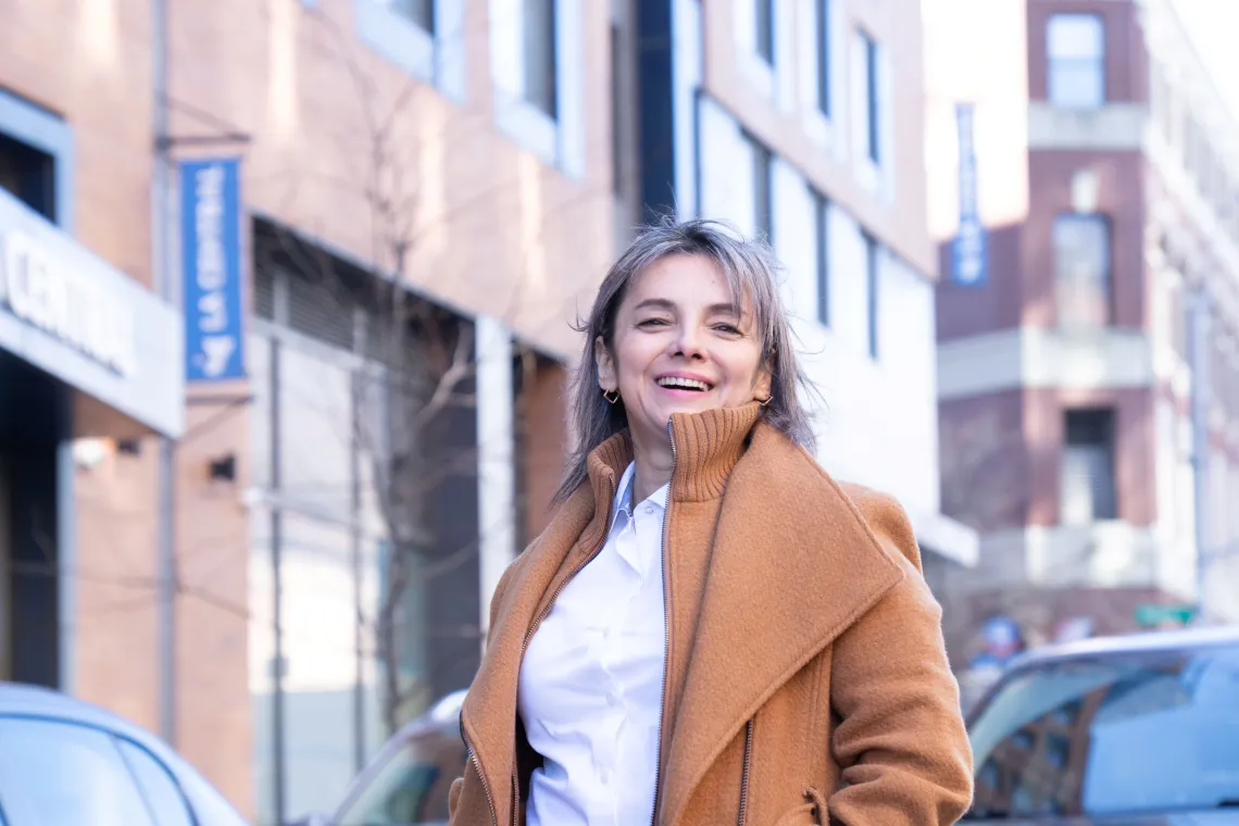 woman smiling on street