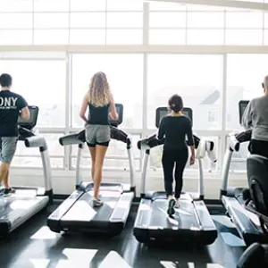 Four people on treadmills