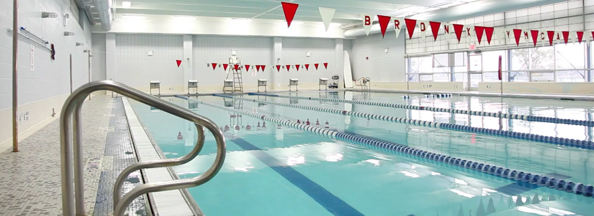 A clean, beautiful indoor pool at the Bronx YMCA.