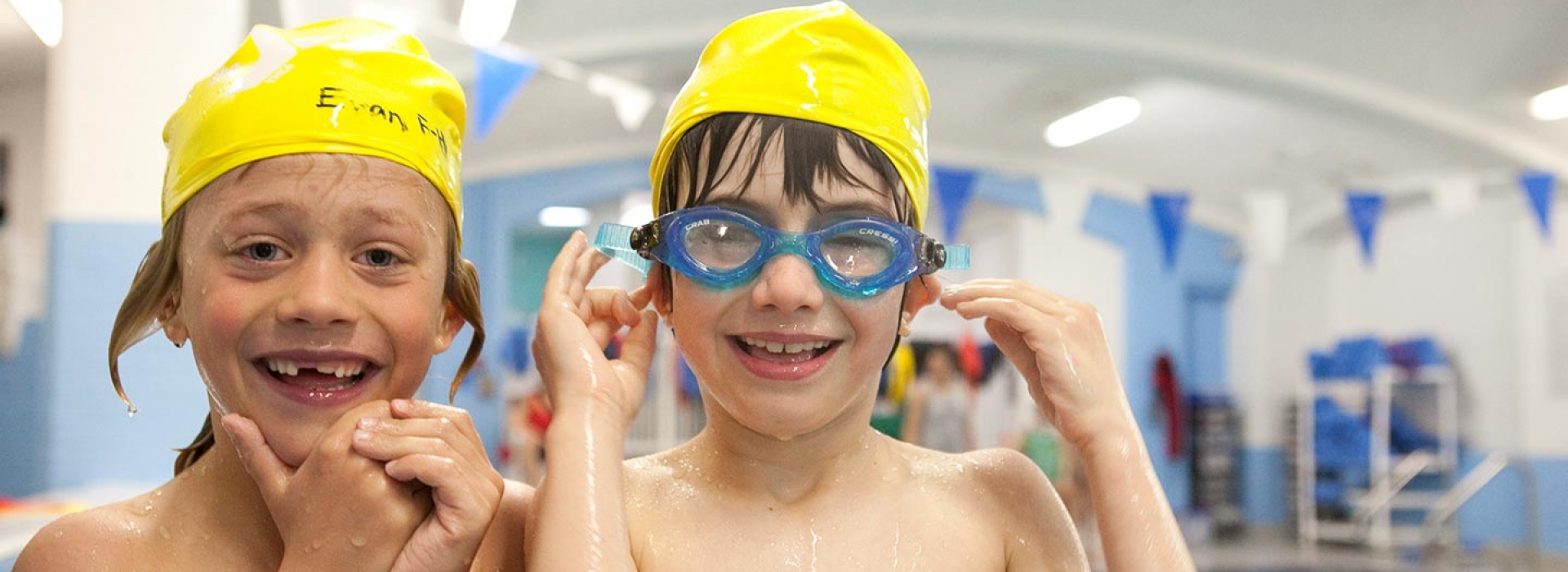 Two boys after swim class in the Prospect Park YMCA indoor pool in Brooklyn