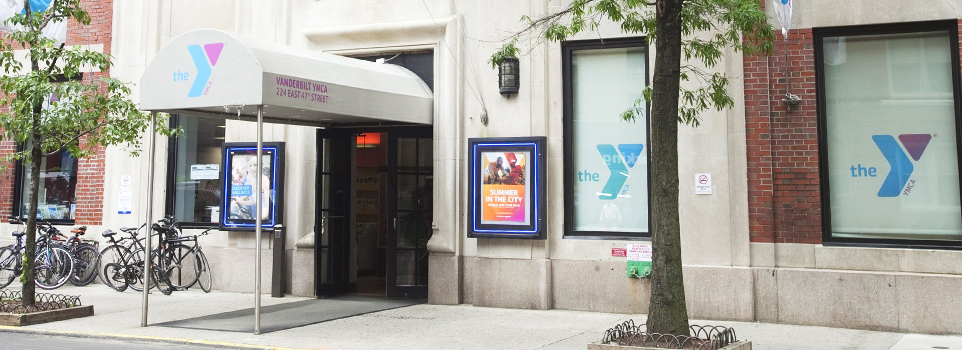 Awning and building exterior of the Vanderbilt YMCA in Midtown East.