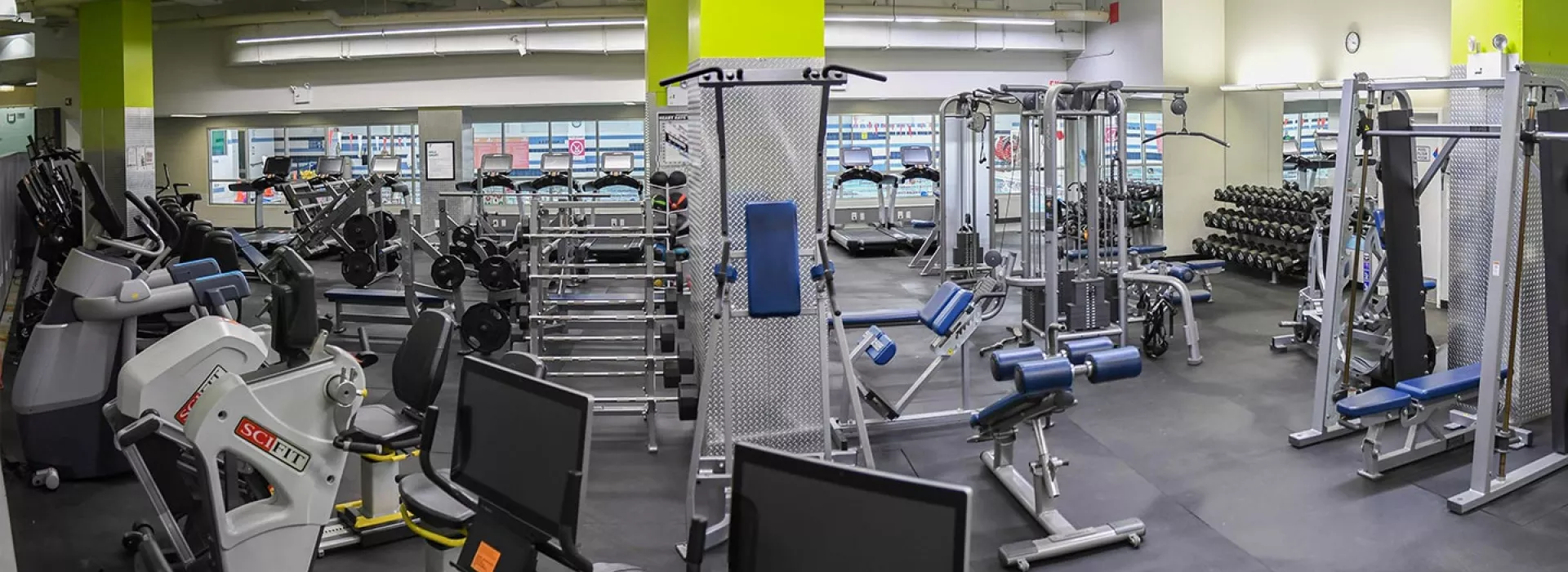Strength training and exercise equipment at the Chinatown YMCA.