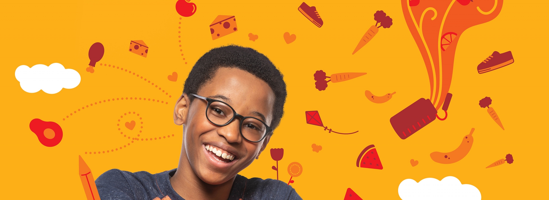 Boy with healthy food illustrations surrounding him